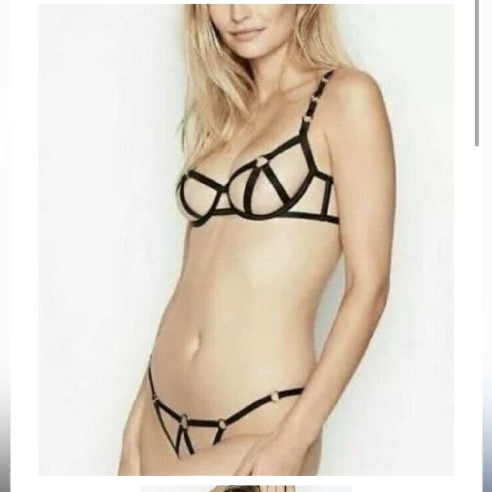 NWT Victoria’s Secret Harness Bra 2 Pc Set Balconet Cheekini Strappy Rings L Blk
